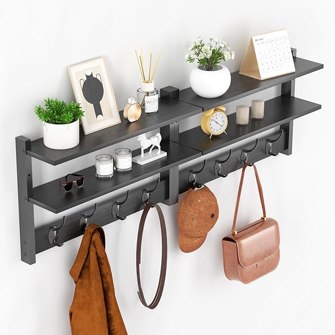 2 Tier Coat Rack Wall Mount with Shelf, 33" Wall Shelf with Hooks, Entryway Key Holder for Wall with 8 Heavy Duty Double Hooks, Coat Hook Wall Mounted for Bedroom, Living Room, Black by Orapoke