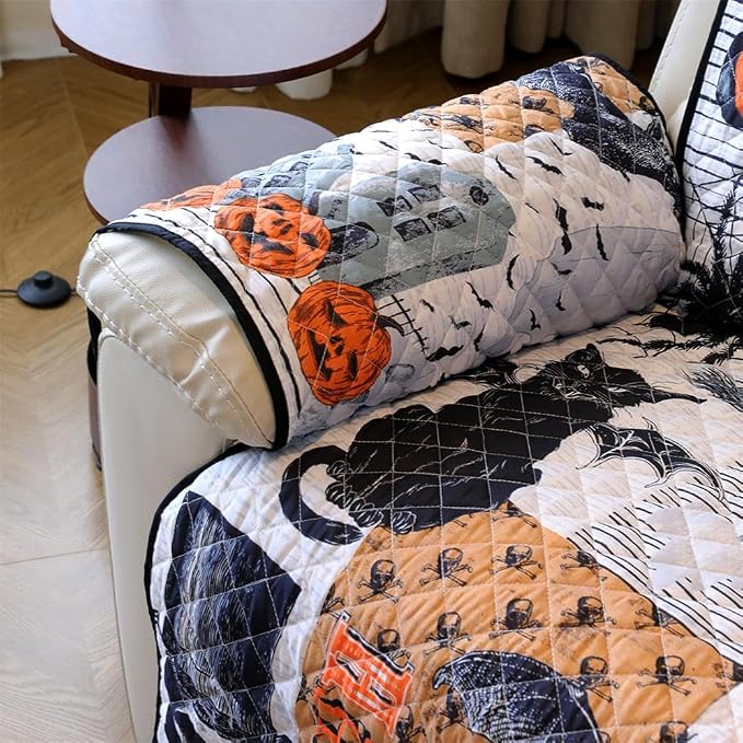 Cmfshape Halloween Skidproof Sofa Cover-Festival Sofa Slipcover with Elastic Straps-Easy Fit Slip Cover-Patchwork Washable Furniture Protector for Pets and Kids(Recliner,Black&Orange) - Image 8
