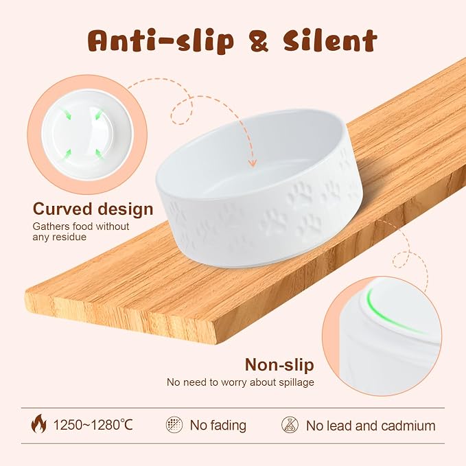 SPUNKYJUNKY Ceramic Elevated Dog Bowl Set with Acacia Wood Stand for Food and Water for Small Medium Sized Dogs (28.74 OZ, White, Dog Paw Pattern) - Image 5