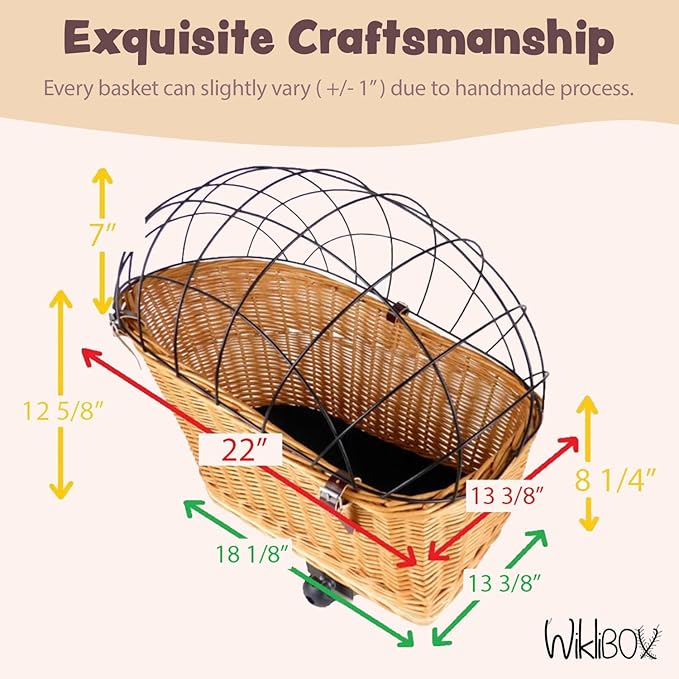 Natural Wicker Dog Bike Basket - 100% Organic Rattan Pet Carrier with Protective Grille - Eco Friendly Design - Soft Cotton Cushion & Mounting Bracket for Secure Bicycle Rear Luggage Rack