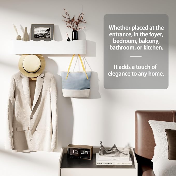 Coat Rack Wall Mount with Shelf 8 Hidden Hooks Modern Wooden Key Holder Entryway Organizer for Hallway Bedroom Bathroom Home Decor Storage for Hanging Coats Hats Bags Towels, Wave-Shape White - Image 6