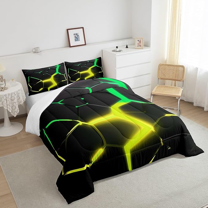 Geometric Honeycomb Comforter Set King Size,Abstract Hexagon Patchwork Fashion Bedding Set for Boys Girls Men Room Decor,Yellow Green Neon Modern Down Comforter,Unique Duvet Insert,2 Pillowcases - Image 4