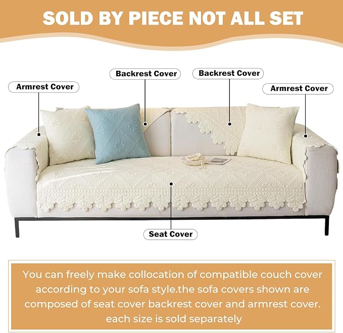 Cotton Quilted Dog Couch Cover for Sofa Farmhouse Rustic Embroidery Sectional Couch Cover Soft Anti-Slip Sofa Slipcover Furniture Protector for Kids, Pets (Ivory,28"x28") - Image 2