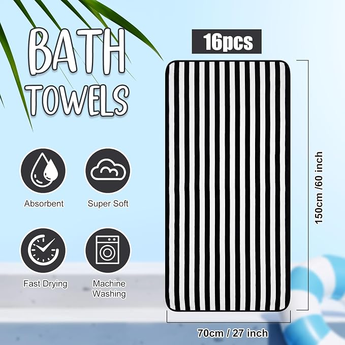 SmoothNovelty 16 Pack Microfiber Bath Towels Bulk 27'' x 60'' Oversized Size Bath Towel Highly Absorbent Extra Large Soft Drying for Beach Shower Summer Salon Sport Gym Party (Stripe,Black) - Image 2