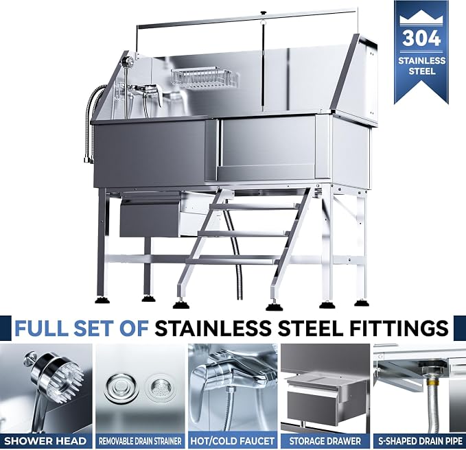 Dog Washing Station for Home,Professional 46" Stainless Steel Dog Bathing Station Height Adjustable Dog Wash Station Dog Grooming Tub Stair, Drawer, Floor Grate & Fauct (Right Stair) - Image 2