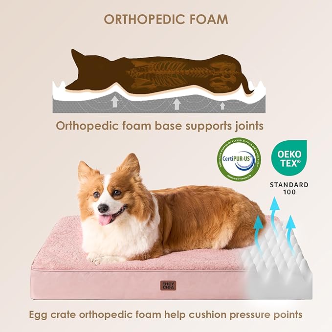 EHEYCIGA Orthopedic Dog Bed Large with Removable Washable Cover, 47IN Pink | Egg Crate Foam Support, Durable Oxford fabric, Non-Slip Bottom, Machine Washable, Soft Waterproof Plush Pet Bed Mat For Crate - Image 2