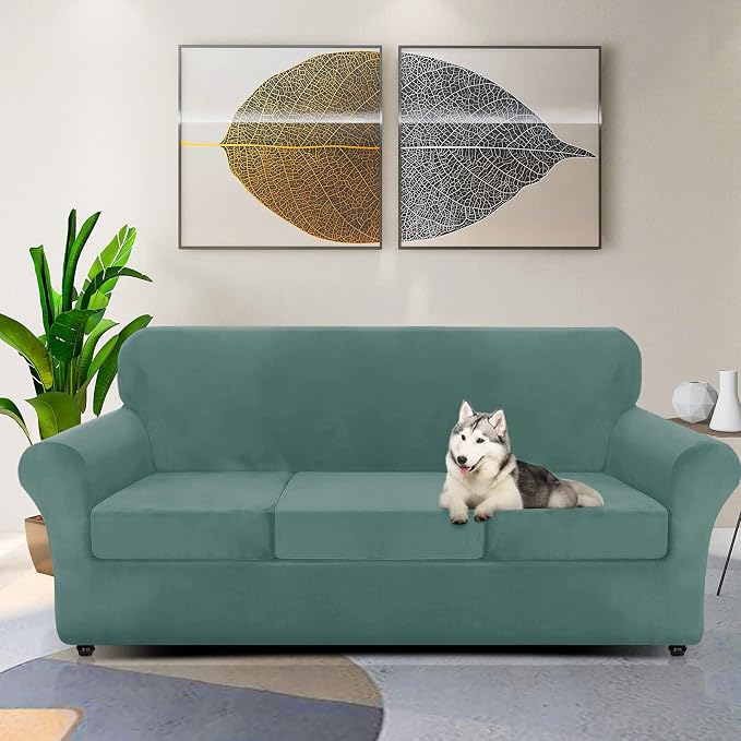 ZNSAYOTX Oversized Velvet Couch Cover 4 Piece (92"-115") Stretch Sofa Covers for 3 Cushion Couch Thick Soft XL-Slipcover with Non Slip Strap, Dog Pet Friendly Nice Furniture Protector (Pea Green) - Image 2
