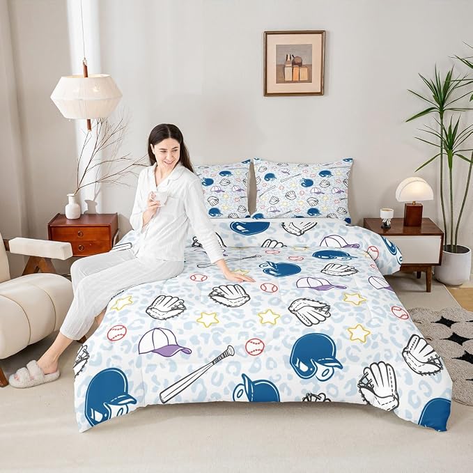 Baseball Comforter Set Twin Size,Blue Leopard Print Bedding Set 2pcs for Kids Boys Girls Room Decor,Cartoon Baseball Bat Hat Quilt Set Ball Sports Game Duvet Insert with 1 Pillowcase,Colorful by Homewish