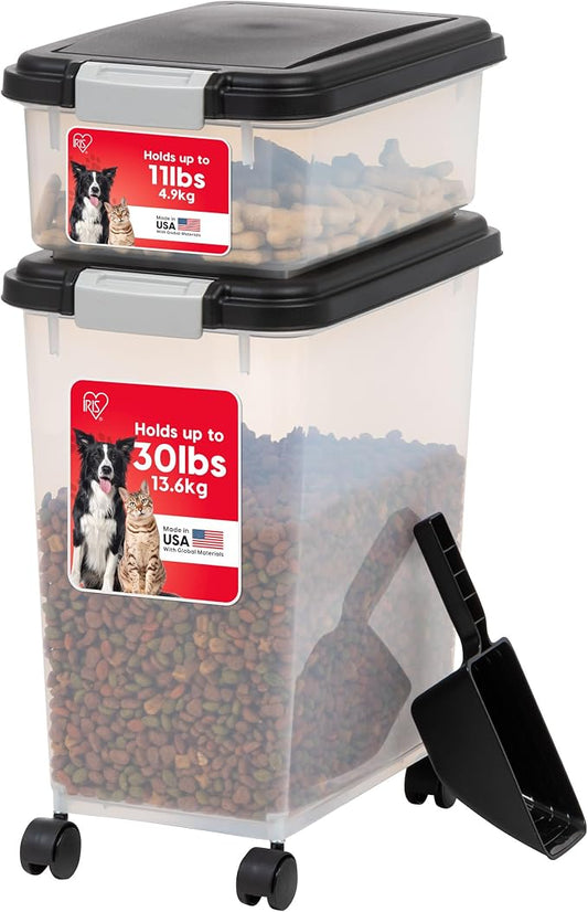 IRIS USA Dog Food Storage Container 30 lb + 11lb Airtight Combo, Stackable Pet Food Storage Bin with Wheels for Cat Dog Food, BPA Free, Made in USA, Black | Stackable Pet Food Plastic Storage Bins with Wheels for Cat and Dog Food, Made in USA by IRISUSA