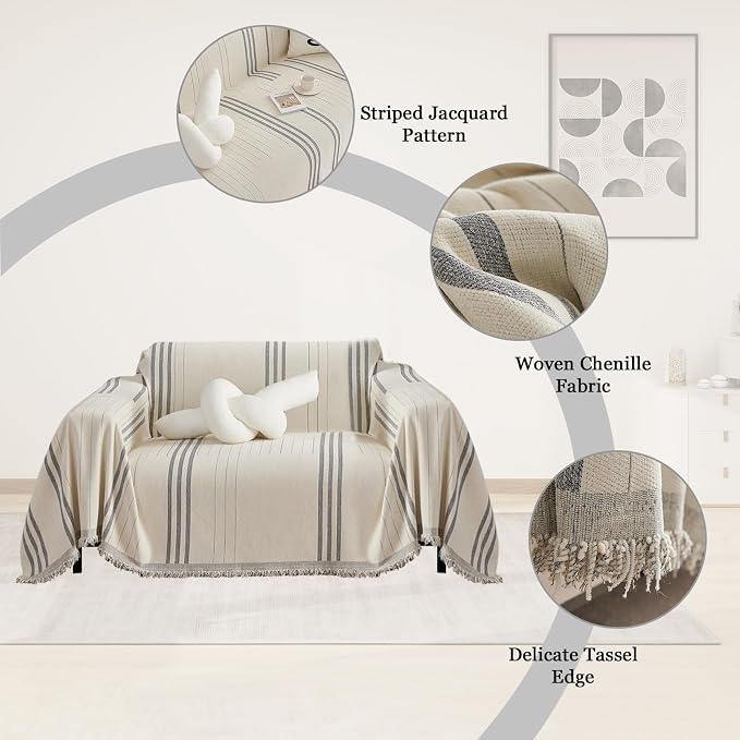 DREAMINGO Chenille Armchair Cover Jacquard Sofa Covers Washable Furniture Protector Recliner Couch Cover 1 Cushion Reversible Chair Cover Beige Light Grey Striped Couch Cover Blanket 71"x 71" - Image 4