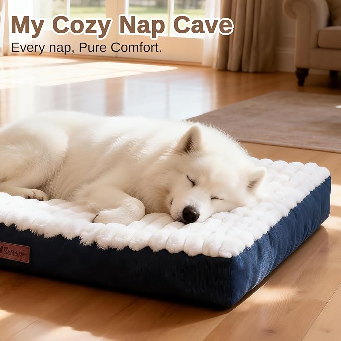 Orthopedic Dog Bed for Large Dogs, Firm Egg Crate Foam, Non-Slip Bottom | Machine Washable Cover, Plush Faux Rabbit Fur Top, Pet Beds for Crate, Floor & Car, Up to 50 lbs, Blue, 35"L x 22"W x 3"H - Image 5