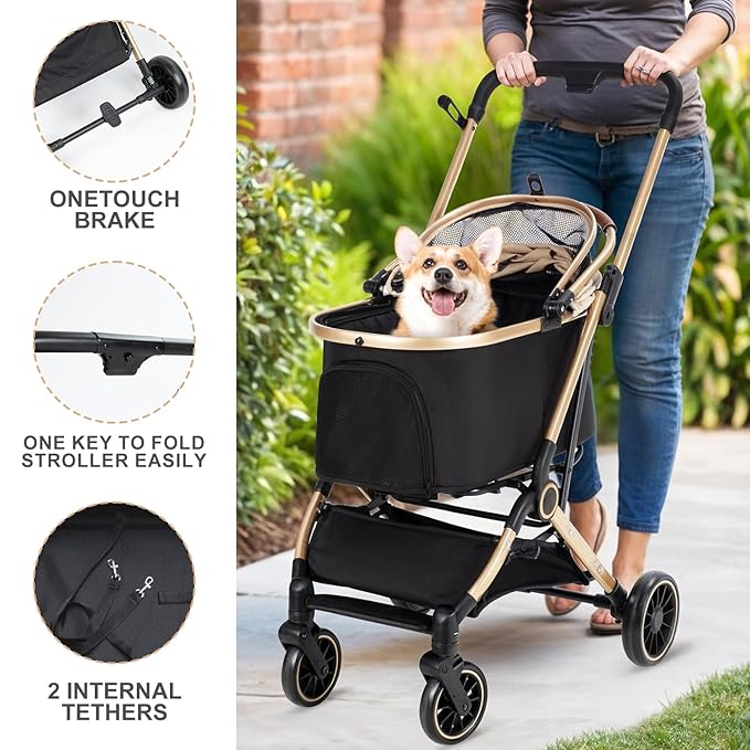 3 in 1 Pet Stroller with 4 Wheels, Foldable Pet Travel Carrier for Small/Medium Dogs Cats up to 50lbs, Detachble Portable Cat Bag, Storage Basket