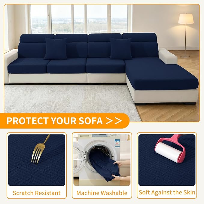 XINEAGE Large Couch Cushion Covers Seat Cushion Cover Thick Stretch Sofa Slipcovers 2 Piece Individual Couch Covers with Elastic Bottom(2 XL Seat Cushion/Backrest,Navy Blue) - Image 6