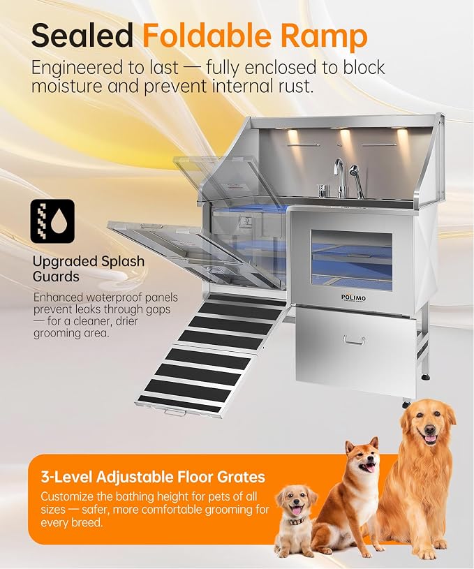 POLIMO Dog Washing Station, LED Professional Stainless Steel Dog Bathing Station 38", Dog Grooming Tub for Large, Medium & Small Dog - with Window, Ramp, Drawer, Floor Grate & Faucet (Left Ramp, 38") - Image 6