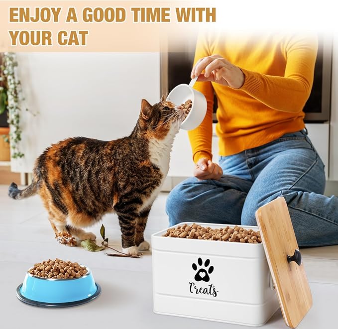 Reallnaive 2 Pcs Large Metal Cat Food Storage Containers 12+3.5 Lbs Decorative Pet Treat Snack Jars Airtight Bamboo Lids & Dry Food Scoop for Farmhouse Kitchen Counter Decor, Pet Owner Gifts(White) - Image 4