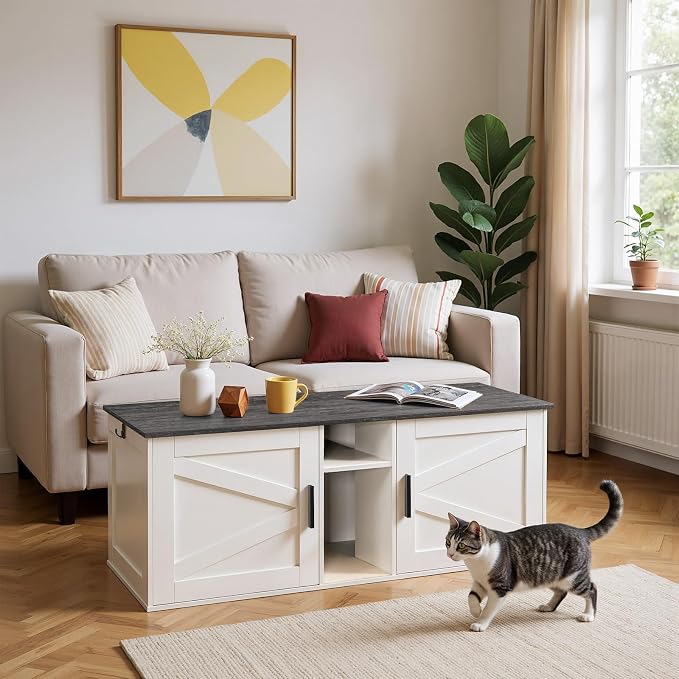 HOOBRO Double Litter Box Enclosure, Modern Cat Litter Box Furniture with Storage and Mat Design, Farmhouse Hidden Litter Box Enclosure with 2 Hooks, White and Charcoal Gray BW23MW01 - Image 2