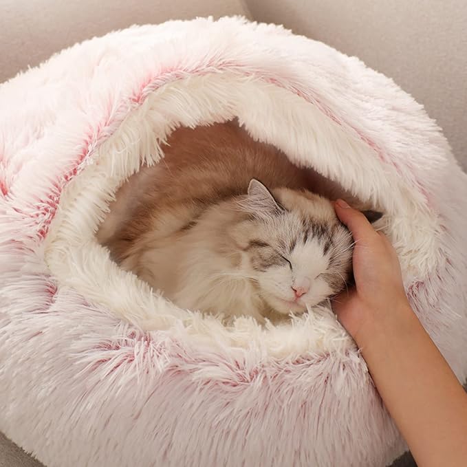 YUDANSI Cat Bed Hooded for Indoor Cats, Dog Bed with Large Covered Hood for Small Dogs Cats Puppy Kitty, Anti Anxiety Donut Cuddler, Anti Slip Plush Faux Fur Enclosed Pet Nest (Washable)(Pink-20inch) - Image 6