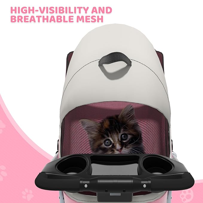 Magshion Foldable Pet Stroller, 3-in-1 Dog Travel Jogger with Detachable Carrier, Cup Holder, Storage Basket, Folding Carrier for Small/Medium Dogs & Cats Up to 33 lbs, Pink