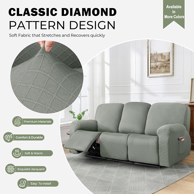 vctops Diamond Recliner Sofa Covers 8-Pieces Stretch Large Couch Covers for 3 Seats Reclining Slipcovers Soft Solid Furniture Protector (Greyish Green,3 Seat) - Image 3