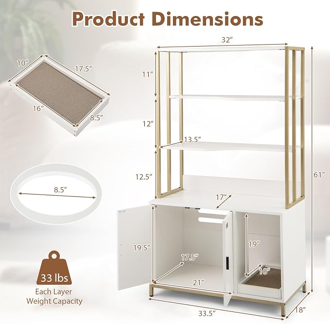 PETSITE Cat Litter Box Furniture with 3 Shelves and Doors, 61 inch Tall Cat Box Enclosure with Display Shelves, Scratching Pad, Indoor Hidden Litter Box with Decorative Storage Shelving (White) - Image 5