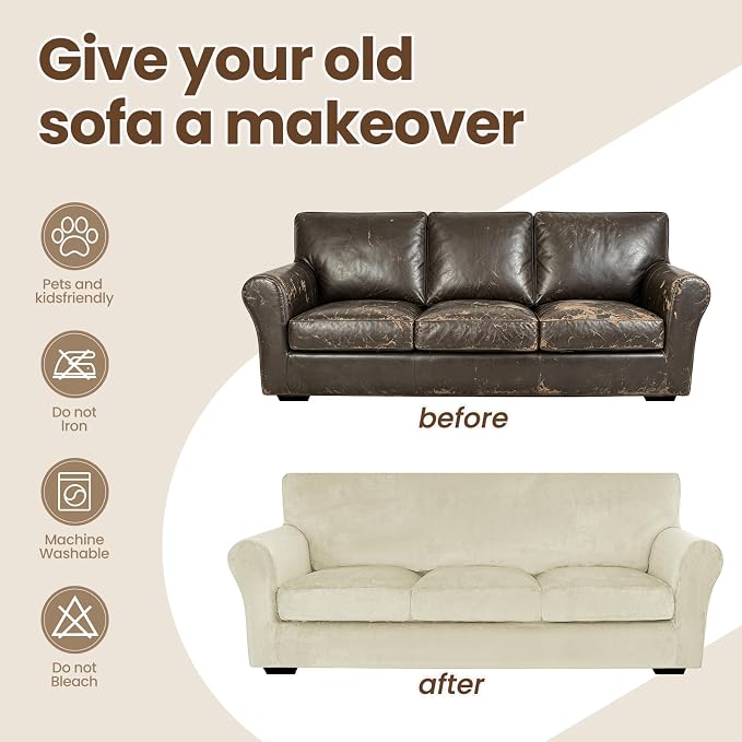 XINEAGE 3-Piece Velvet Loveseat Sofa Cover, Couch Covers for Dog,Beige | 2 Cushion Loveseat,Stretch Non-slip Elastic, Pet-friendly, Washable, Fast Setup, Soft Plush Fabric, Furniture Protector. - Image 8