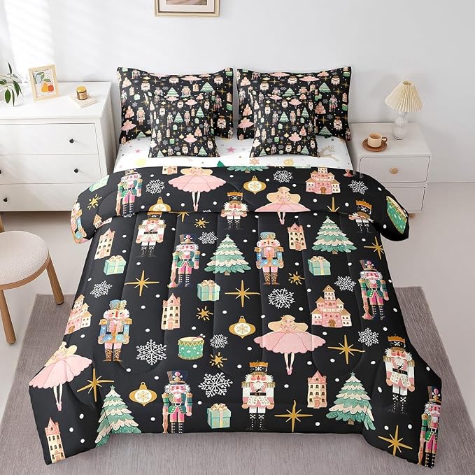 Erosebridal 7Pcs Black Christmas Comforter Set King Size,Nutcracker Bedding Set,Xmas Snowflake Stars Bed in A Bag,Romantic Princess Castle Quilt with Flat Fitted Sheet by Erosebridal
