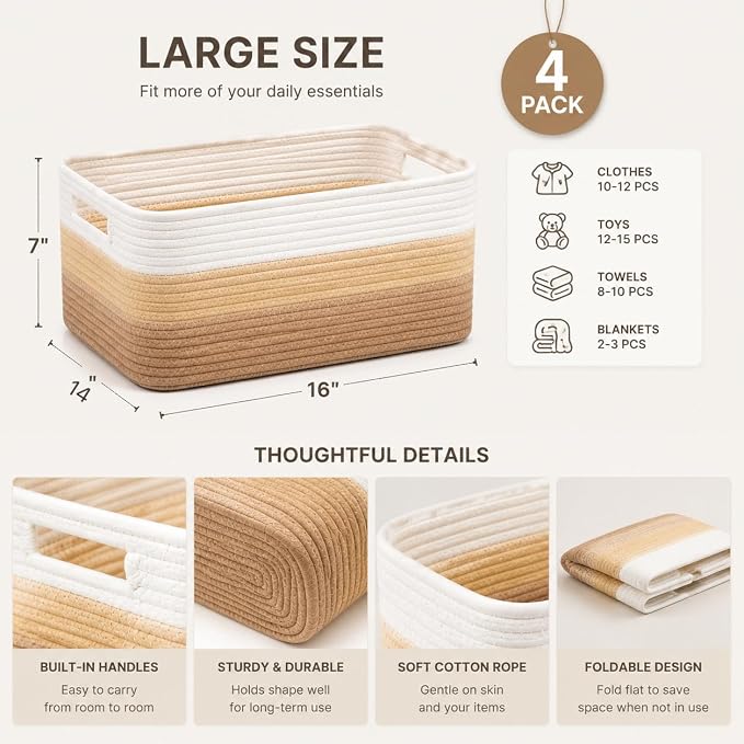 4 sets of hand-woven cotton rope storage boxes, suitable for toys, books, clothes, bathrooms, car trunks used for organizing decoration, Khaki color Two 16x14x7 in two 14x10x7in - Image 3