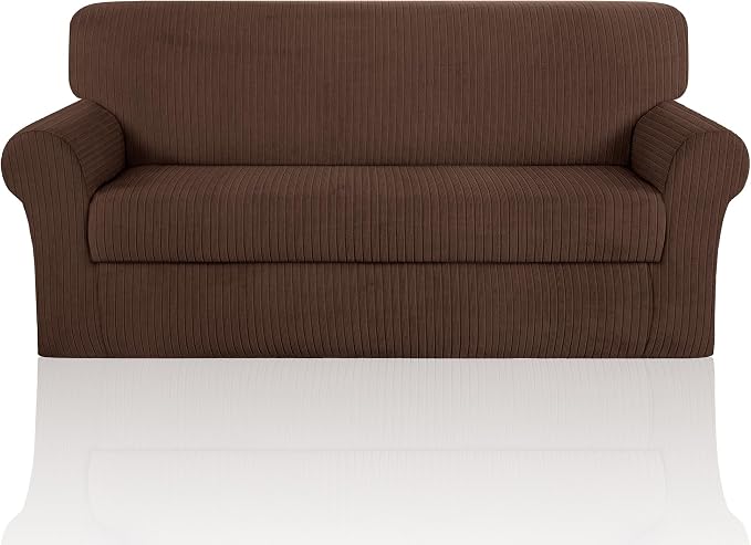 Sofa Cover Stretching Skid Resistance Couch Cover for Pets Washable, Thick and Durable Soft High Spandex Striped Pattern Sofa Covers, Form Fitted Sofa Slipcover(Sofa, Chocolate) by ChengEase