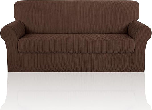 Sofa Cover Stretching Skid Resistance Couch Cover for Pets Washable, Thick and Durable Soft High Spandex Striped Pattern Sofa Covers, Form Fitted Sofa Slipcover(Sofa, Chocolate) by ChengEase