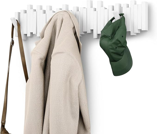 Umbra Sticks Wall Coat Rack, Wall Mount 8 Retractable Hooks, White | Modern sculptural look, holds five pounds each, fits entryways and bedrooms, easy to install, recycled plastic by Umbra