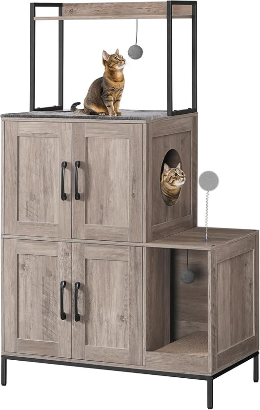 HOOBRO Cat Litter Box Enclosure Furniture, 2 in 1 Hidden Litter Box Furniture with Shelf, Double Litter Box Cabinet with 2 Dangling Plush Balls and 1 Toy Ball, Greige and Black BG78MW01 by HOOBRO