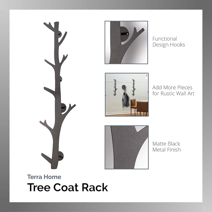 TERRA HOME Tree Branch Coat & Hat Rack Wall Mount with 8 Vertical Hooks for Caps, Coats, Purse & More Modern Storage Dog Leash Holder Decorative Wall Hooks Vertical - Image 2