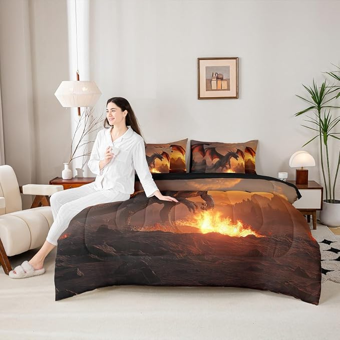 Erosebridal Fire Dragon Comforter Sets with Sheets - Wildlife Animal Theme Bedding Set Queen for Boys Girls 3D Wild Animal 7Pcs Bed in A Bag Fierce Dragon Bed Set - Image 5