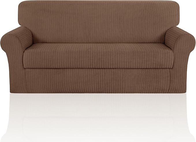 Sofa Cover Stretching Skid Resistance Couch Cover for Pets Washable, Thick and Durable Soft High Spandex Striped Pattern Sofa Covers, Form Fitted Sofa Slipcover(Sofa, Brown) by ChengEase
