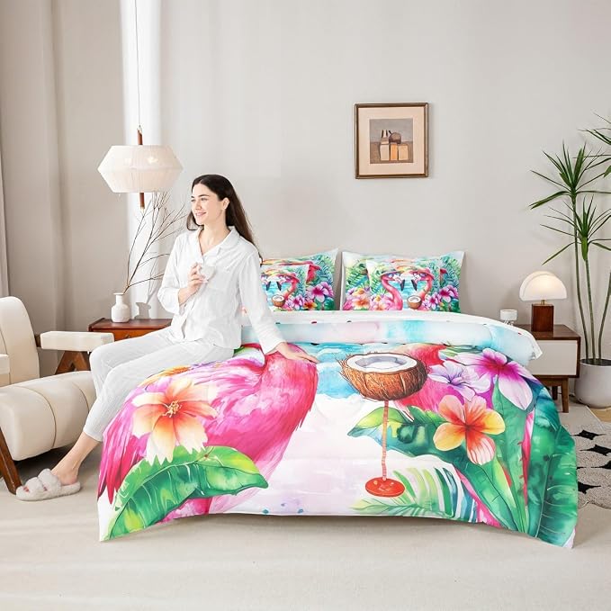 Erosebridal Flamingo Bed in A Bag Twin, Summer Flamingo Comforter Set with Sheets for Kid Boys Girls Adults, Happy Beach Party Decor 7 Pieces Bedding Set, Wildlife Tropical Flowers Bed Sets - Image 6