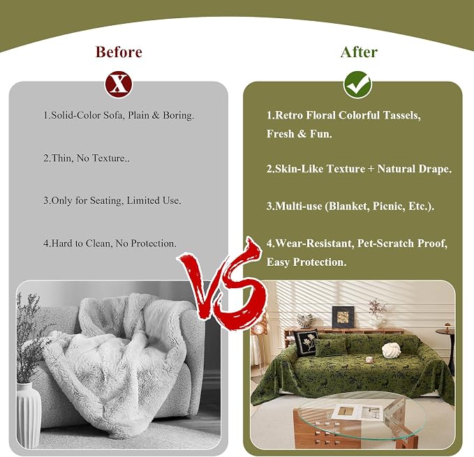 STACYPIK Modern Jacquard Sofa Cover for Dogs, Green Floral & Deer Couch Cover for 3 Cushion Couch, Washable Chenille Tassels Pets Furniture Protector, Aesthetic Throw Cover Blanket, Christmas-71X150IN - Image 2