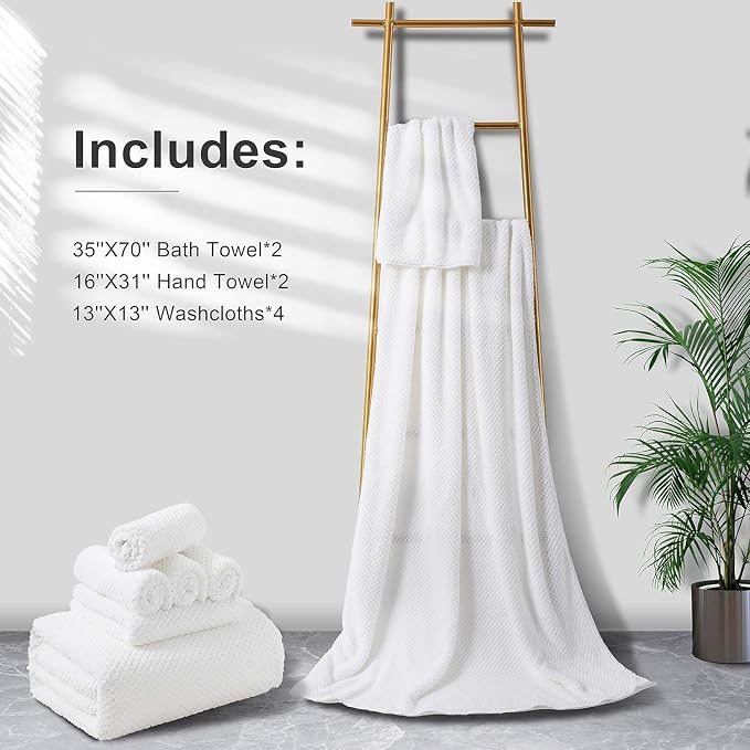 Smuge 8pcs Bath Towel Set, 2 Extra Large Bath Towel Sheets, 2 Hand Towels and 4 Washcloths- Highly Absorbent Microfiber,Ultra Soft Towel Set for Bathroom,Waffle Weave Design, Pack of 8 (White) - Image 4