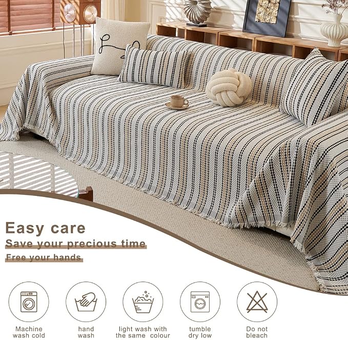 ROOMLIFE Thicked Striped Boho Khaki Couch Cover for 2-3 Cushion Sofa, Chenille Sofa Slipcovers Sectional Sofas Covers for Dog, Non Slip Washable Furniture Protector Soft with Tassel 71''X134'' - Image 4