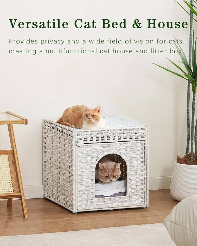 SETVSON Cat Houses for Indoor Cats Extra Large Double Cat Cave, White | Decorative Furniture Look, Private Hideaway for Shy Cats, Soft Dual-Purpose Cushion, Easy Wipe-Clean PE Rattan, Collapsible - Image 7