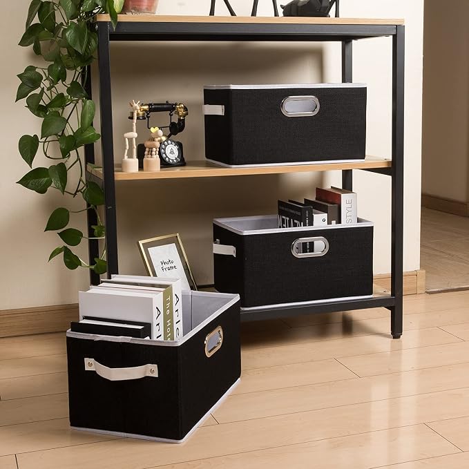 PRANDOM Fodable Storage Bins for Closet [3-pack] Decorative Fabric Storage Baskets Cubes with Leather/Metal Handles for Shelves Bedroom Living Room Black (11.5x8.5x6.7 Inch) - Image 3