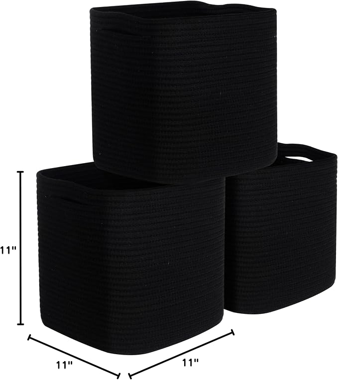 MINTWOOD Design 3-Pack 11x11 Inch Cube Storage Bin, Woven Organizer, Closet Cute Square Bins, Decorative Classroom Bathroom Pantry and Shelf Baskets, Full Black (MD-196) - Image 9