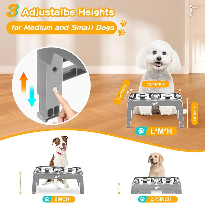 COMESOON Elevated Dog Bowls for Small Medium Dogs, 3 Height Adjustable Raised Stand with 2 Thick 6" Stainless Steel Food Bowls, Non-Slip Feeder Adjusts to 2.75", 6", 7.5", Grey - Image 2