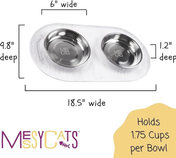 Messy Cats Double Silicone Feeder, Stainless Bowls, 1.75 Cup, Marble | Non-Slip Silicone Double Cat Feeder With Two Removable Stainless Steel Saucer Bowls For Food And Water - Image 3
