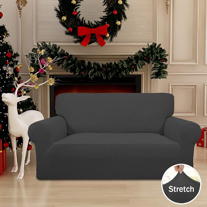 Easy-Going Stretch Loveseat Couch Covers Washable Dark Gray | 1-Piece Loveseat Covers for 2 Cushion Couch Furniture Protector RV Sofa Slipcover Soft with Bottom for Kids Pets - Image 2