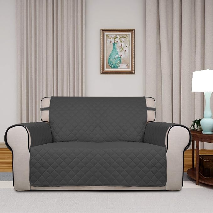 PureFit Reversible Quilted Couch Covers for Dogs Loveseat Sofa Cover 46.5” | Dark Gray/Beige, Water Resistant Couch Protector, Washable Pet Couch Cover with Non Slip and Elastic Straps For Kids - Image 2