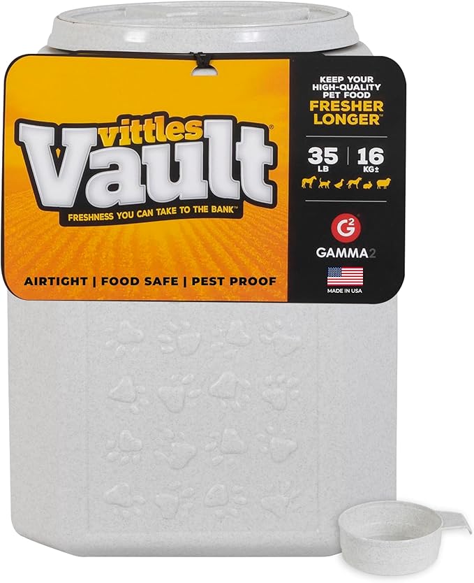 Vittles Vault Traditional Pet Food Storage Container For Dog Kibbles/Bird Seed/Oatmeal/Rice/Flour/Cereal, BPA Free Plastic, Sealed Airtight For Cat Food, Up To 35 lb, Made in USA, With Scoop, Gray by Gamma2