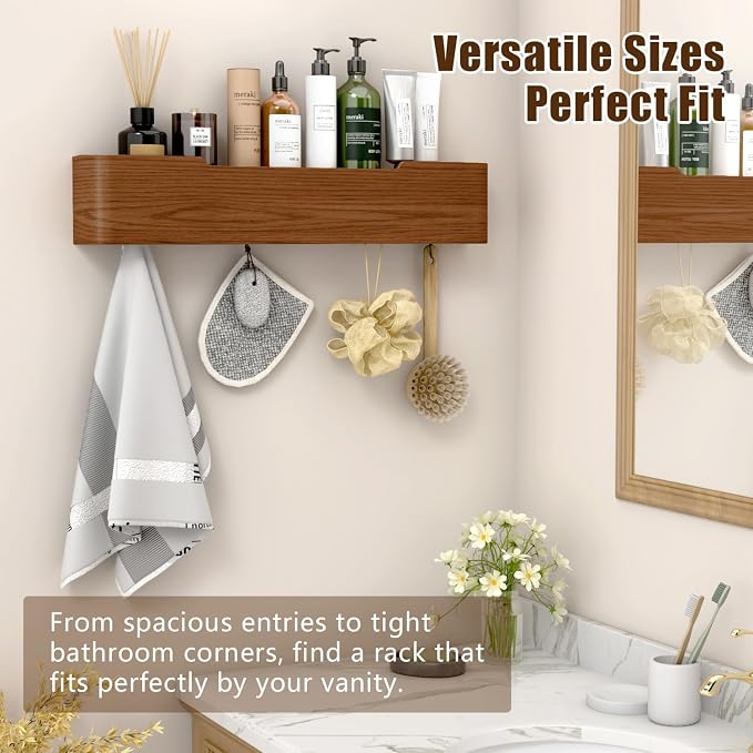 Coat Rack Wall Mount with Hidden Hooks, Wall Hooks with Shelf, Wall Key Holder Mount Wooden Shelf Entryway Hooks for Bedroom Bathroom for Hanging Coats Hats Bags Towels (Walnut, 5 Hooks) - Image 4