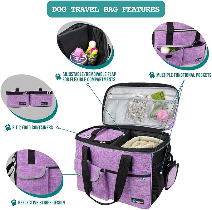PetAmi Dog Travel Bag Organizer, Pet Travel Kit with 2 Food Containers & 2 Collapsible Dog Bowls, Pet Supplies Tote with Luggage Sleeve, Weekend Road Trip Camping Essentials, Purple, Medium - Image 4