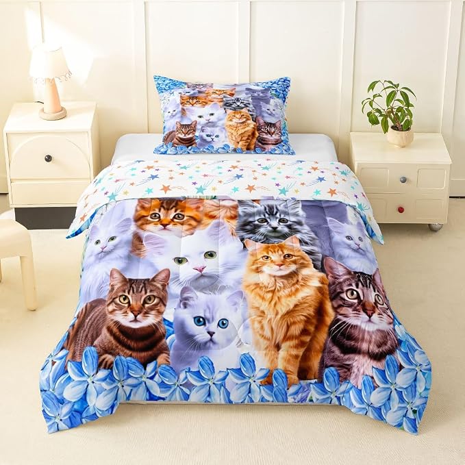 Feelyou Kids Cute Cat Comforter Cartoon Pet Cats Bedding Set for Children Boys Girls Cute Kitten Print Comforter Set Cat Lover's Animal Themed Design Quilt Set Bedroom Collection 2Pcs Twin Size - Image 9