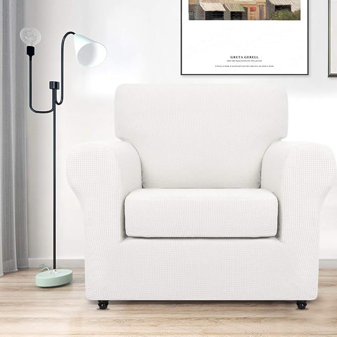 MAXIJIN 2 Piece Chair Slipcovers with Arms Super Stretch Chair Covers for Living Room Dogs Pet Proof Fitted Sofa Couch Protector Spandex Non Slip Armchair Slipcover Washable (Chair, White) - Image 2